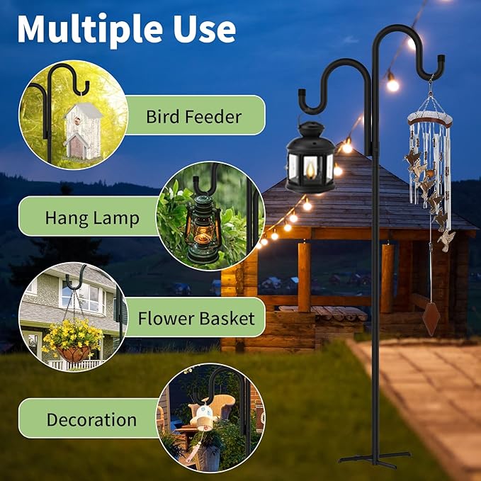 Double Shepherds Hooks for Outdoor, Bird Feeder Pole with 5 Prongs Base, Heavy Duty Garden Hook for Lantern, Wind Chime and Hummingbird Feeder, 76 Inch, 2 Pack