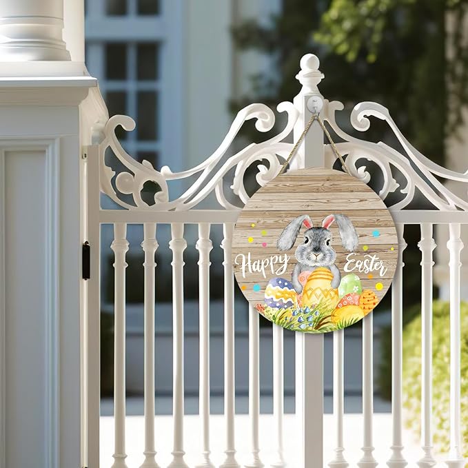 Happy Easter Bunny Door Signs Easter Eggs Rabbit Front Door Hanger Spring Wooden Porch Door Hanging Sign for Holiday Farmhouse Party Decorations