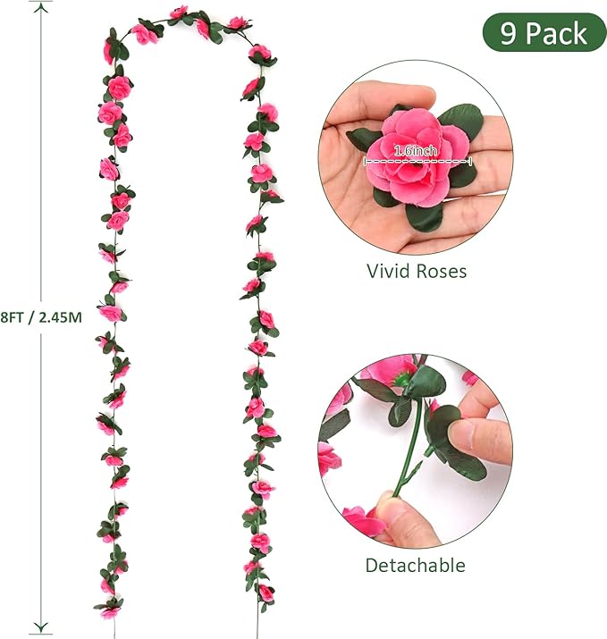 KHOYIME 9 Pack 72 FT Artificial Flower Garland, Fake Hot Pink Roses Vines Silk Flowers Faux Plastic Outdoor Hanging Floral Ivy Garland Decoration for Wedding Arch Bedroom Home Wall Backdrop Room Decor