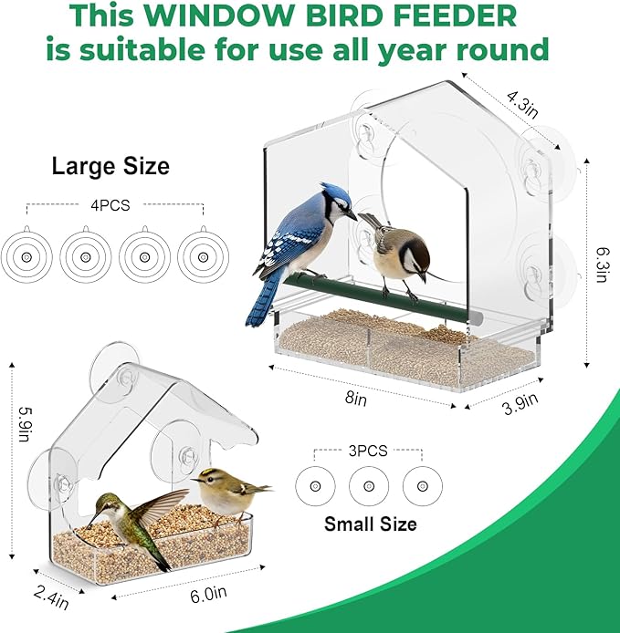 Window Bird Feeder with Strong Suction Cups - 2Pack Clear Sturdy Acrylic Birdfeeder for Outside Windows, 360° Clear View - No Drill Easy Install, Perfect for Cardinals & Finches,etc(2026 New)