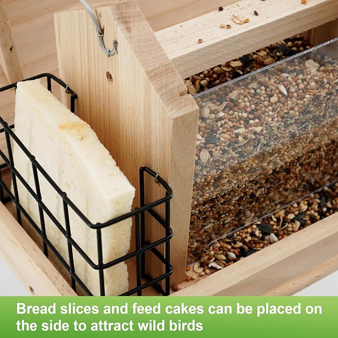 Wooden Bird Feeder for Outdoors Hanging Mount Large Capacity, Pine Garden Roof Feeder with 2 Suet Cages, Cardinal Bluebird Birdfeeder for Garden Decoration Yard, Weatherproof Durable