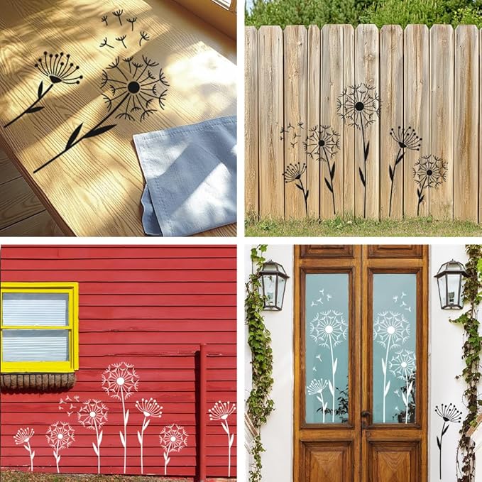 MAYJOYDIY 6Pcs Large Dandelion Stencils Splicing Style Dandelion Seeds Stencil for Painting 11.8×11.8inch Garden Fence Leaves Craft Templates with Paint Brush for Window Wood Wall Home Gift Decor