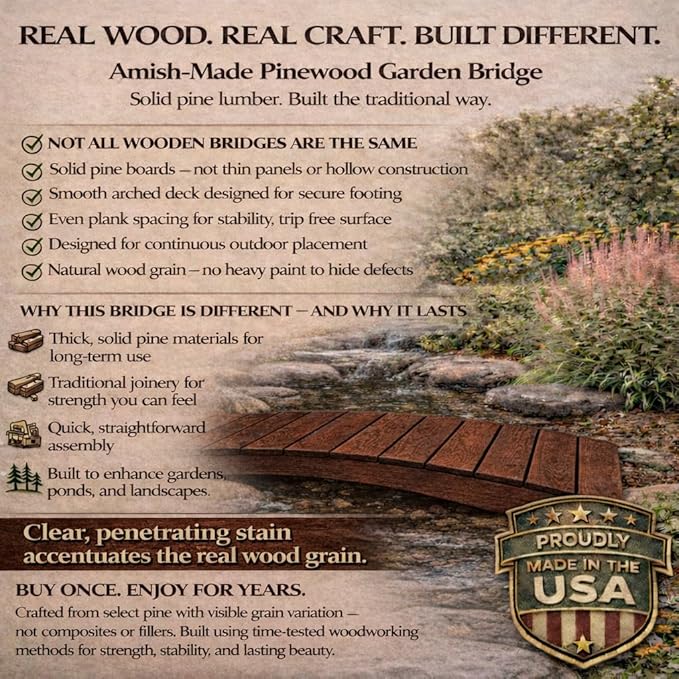 12 FT WALNUT Amish Made Pinewood Heavy Duty Garden Bridge for Walkway, Backyard Pond & Landscaping, Outdoor Wooden Footbridge for Koi Pond, Japanese Style Decorative Bridge, Made in USA