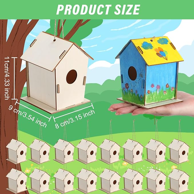 DoubleFill 48 Pcs 4.33" Wooden Bird Houses Bulk for Kids DIY Unfinished Hanging Birdhouse for Crafts Art Wood Toys boy Girl Class Activity Creative Project Parties Design Valentines Crafts
