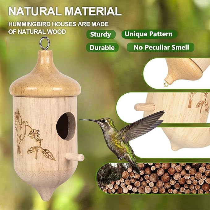 3 Pack Hummingbird House for Outdoors Hanging, Wooden Houses for Outside Nesting, Bird Houses for Garden Window Outdoor Home (Acorn Flowers and Birds)
