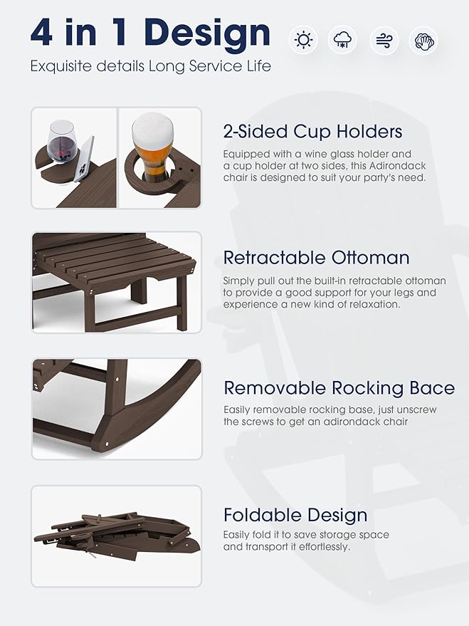 KINGYES Adirondack Rocking Chair Set of 2 with Retractable Ottoman and Cup Holders, HDPE Adirondack Rocker Patio Rocking Chair for Porch, Patio, Balcony, Coffee Brown