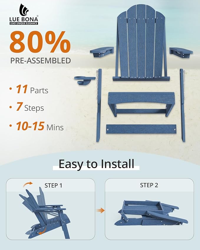 LUE BONA Folding Adirondack Chair, Chairs Set of 6, Cup Holder, Woodgrain, Fire Pit, Patio, Pool, Blue