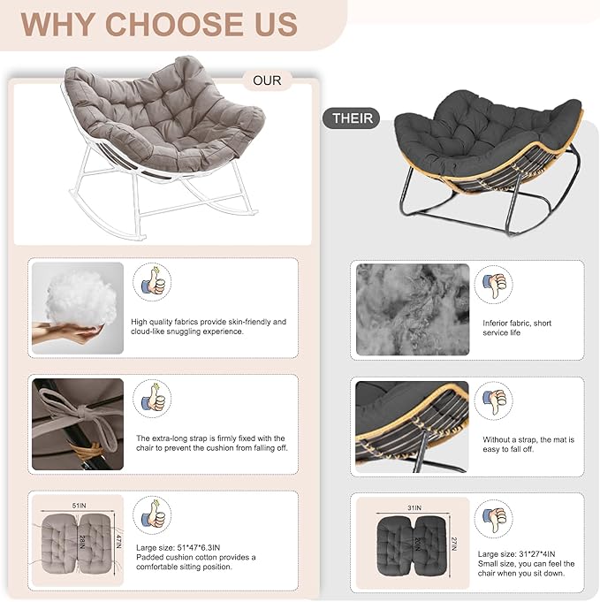 Outdoor Rocking Chair Cushion – Waterproof Wicker Egg Chair Replacement Pad, Thick Papasan Seat Cushion with Ties for Indoor & Outdoor Patio, Porch, Balcony, or Garden (Khaki)