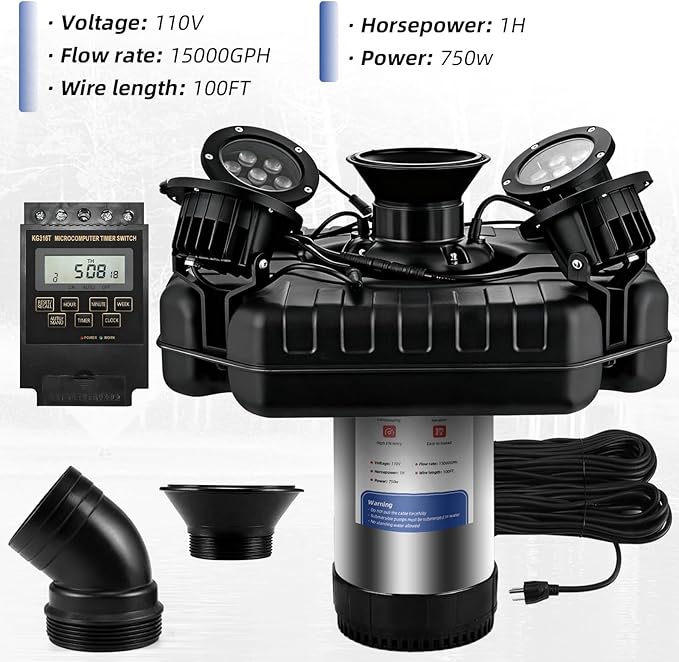 Floating Pond Fountain with 4pcs Led Lights 1HP 110V 750W with 98Ft Power Cord, Featuring a Timer, Metal Pond Waterfall Pump.