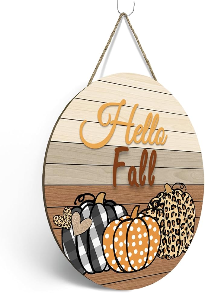 Hello Fall Pumpkin Wooden Door Signs Autumn Harvest Sign Front Door Decor Plaid Pumpkin Farmhouse Door Hanger Decorations for Home Front Door Wall Office Decor