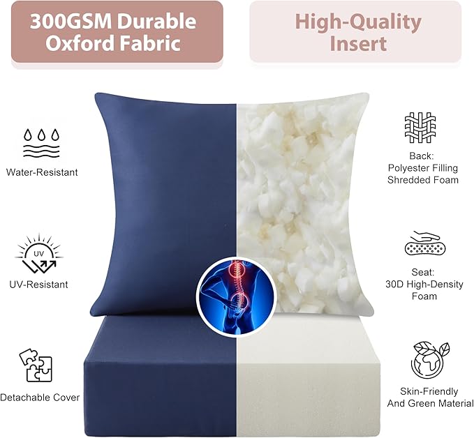 Outdoor Deep Seat Cushion Set, 24x24 Inch Water-Resistant & Fade-Resistant Outdoor Chair Cushions, Patio Furniture Cushions with Removable Cover for Patio Chair, Sofa,Navy Blue (Set of 2)