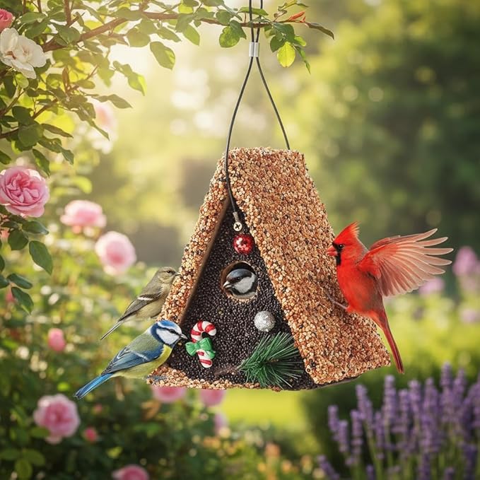 Seeded Birdhouse, Birdseeded Bird House, Wood Wren Bird Houses Covered with Wild Birdfood,Bird Feeders for Outside Hanging, A Frame Birdhouse
