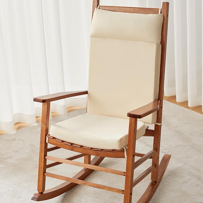 Waterproof Rocking Chair Cushions Outdoor & Indoor, Wooden Rocking Chair Pads Set of 2, Non-Slip Large Glider Rocker Replacement Cushions with Pillow & Ties,Seat Back Cushion for Rocker Beige