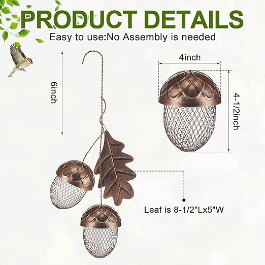 Mimorou Acorn Bird Feeder Outdoor Garden Hanging Feeding Station Sturdy Squirrel Proof Tree Bird Feeder Metal Feed Dispenser for Peanut Suet Nugget, Hanging Metal Leaf Hanger, Holds 2 Cups of Seed