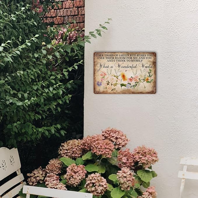 Flower Tin Sign Vintage Garden Metal Signs, And I Think To Myself What A Wonderful World Flowers Tin Sign I See Trees Of Green Red Roses Too Wall Art Roses Sign Wall Decor 8x12 Inch