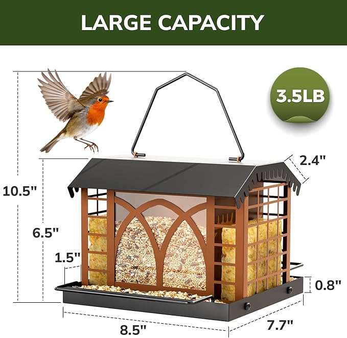 Bird Feeders for Outdoors Hanging, Metal Bird Feeder with Double Suet Cage Weatherproof Metal Roof, 3.5Lbs Large Capacity Great for Attracting Finch Cardinal Chickadee Wild Birds, Pinecone Brown