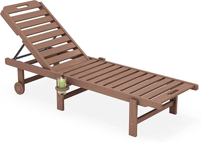 SERWALL Patio Chaise Lounge, HDPE Outdoor Lounge Chair with Cup Holder, 5 Positions Adjustable Poly Lounger with Rolling Wheels for Poolside, Deck, Sunbathing, Brown