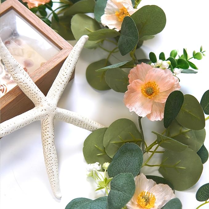 5.74 FT Artificial Poppies Flower Garland, Floral Garland Greenery Vines with Eucalyptus Hanging Flowers Vines for Home Wedding Mantle Table Outdoor Decor (Coral)