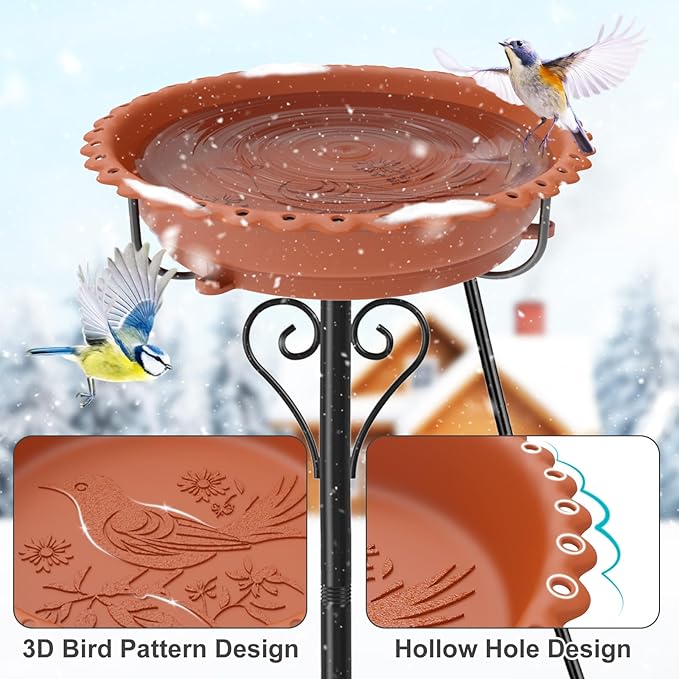 Heated Bird Bath for Outside Winter, Powerful 100W Thermostat Control Water Heated BirdBaths Bowl for Outdoors with 5-Prong Metal Base Heated Bird Bath for Garden Patio Yard Lawn (Brown)