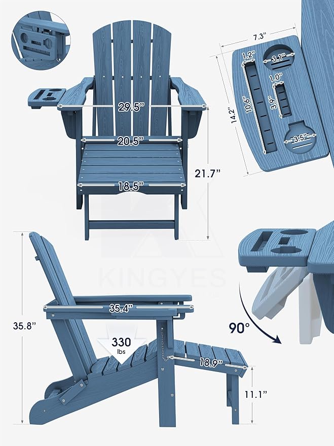 KINGYES Adjustable Folding Adirondack Chair with Footrest & 4-in-1 Multi-Functional Armrest Organizer, HDPE Foldable Recliner Adirondack Chair with Pull-Out Ottoman, Blue