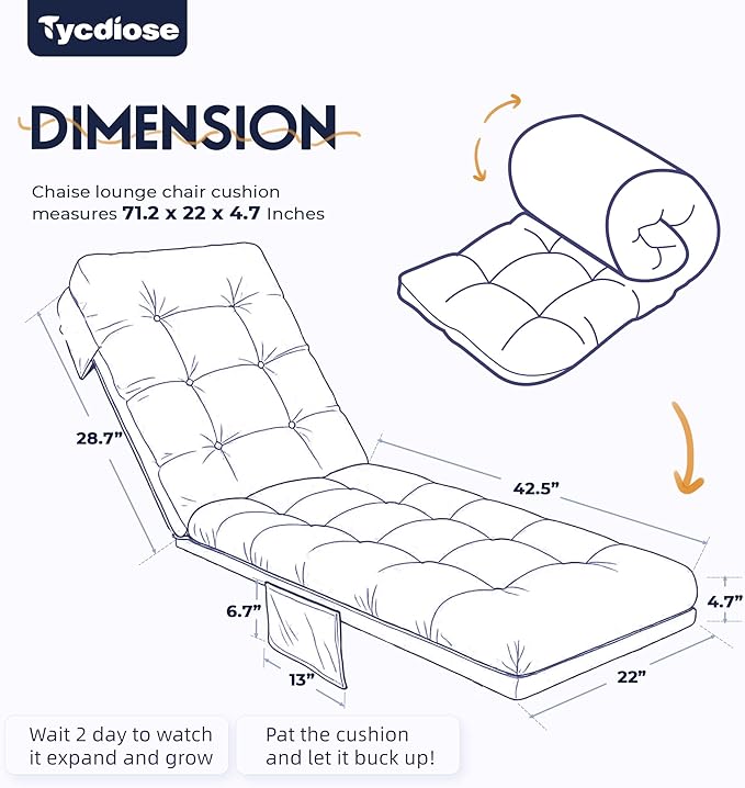 Outdoor Chaise Lounge Chair Cushion, 71 x 22 x 4.7 Inches Waterproof Chaise Lounge Cushions Replacement for Outdoor Furniture, Thickened Non-Slip Patio Lounge Chair Cushions, Blue Enchantress