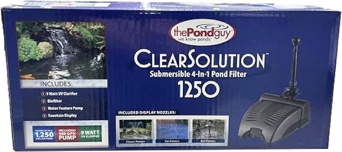 The Pond Guy ClearSolution Submersible Filter, Pump & Ultraviolet System for Outdoor Water Garden with Fountain Attachments & Diverter Valve, 1250