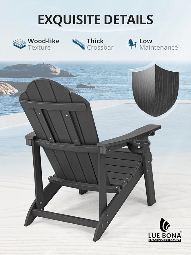 LUE BONA HDPE Adirondack Chairs Set of 2 - Weather Resistant Seating with Cup Holder for Porch, Patio, Deck & Fire Pit, Black
