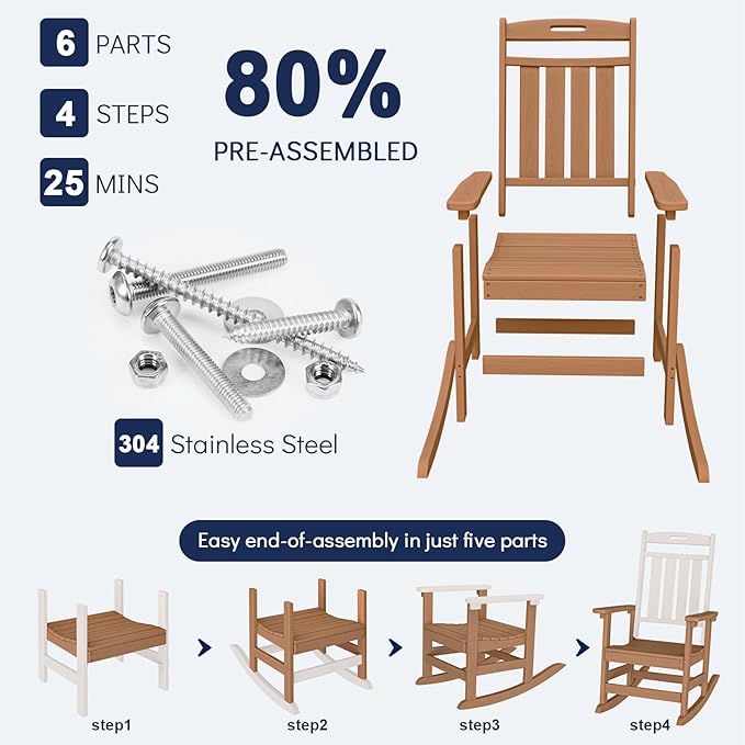 Plawdlik Oversized Outdoor Rocking Chair - All-Weather Resistant,HDPE Heavy Duty Patio Rockers with High Back - Perfect for Porch, Lawn, Garden, Modern Style,Teak