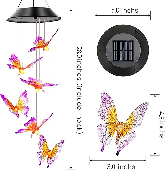 Butterfly Solar Wind Chimes, Butterfly Wind Chimes for Outside,Best Gifts for Mom Grandma Women Wife Aunt Sister, Unique Mobile Wind Chime, Garden Yard Decor
