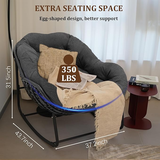 Oversized Rocking Chair Outdoor Set of 2, Rocking Papasan Chair, Patio Egg Chair with Padded Cushion, Outdoor Wicker Rocking Chair for Front Porch, Garden, Patio (Beige)
