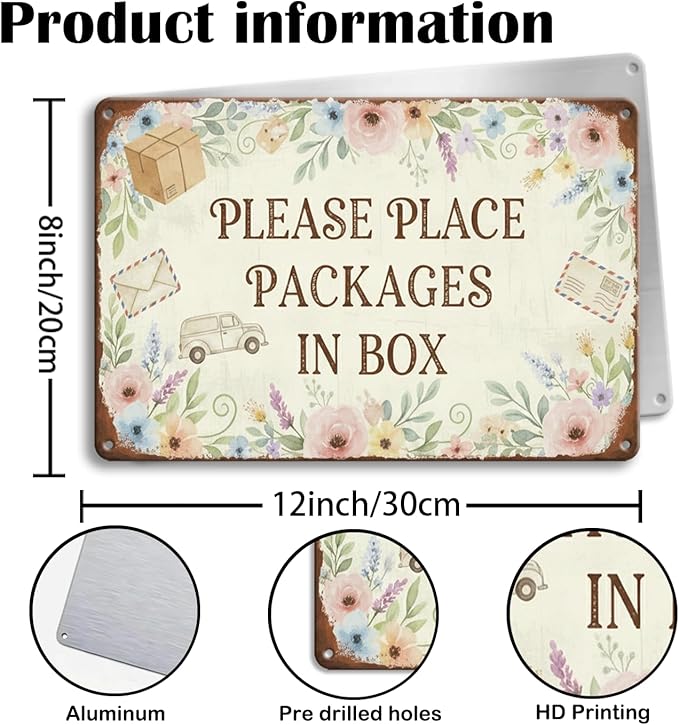 Floral Delivery Tin Sign - "Please Place Packages in Box" - Vintage Watercolor Floral Porch Decor - Universal Instruction Plaque for All Carriers - 8x12 Rust-Free Aluminum - Polite Package Drop Off Metal Sign