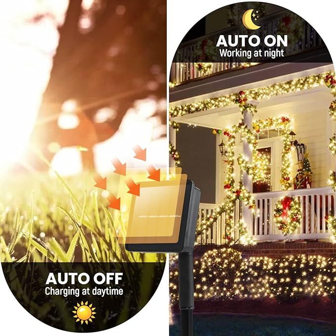 Dailyart Solar String Lights Outdoor, 2 Pack 100 LED (2 x 50FT) Solar Fairy Lights Waterproof IP44 with 8 Lighting Modes & Auto On/Off, 600mAh Battery Warm White for Garden Patio Yard Trees