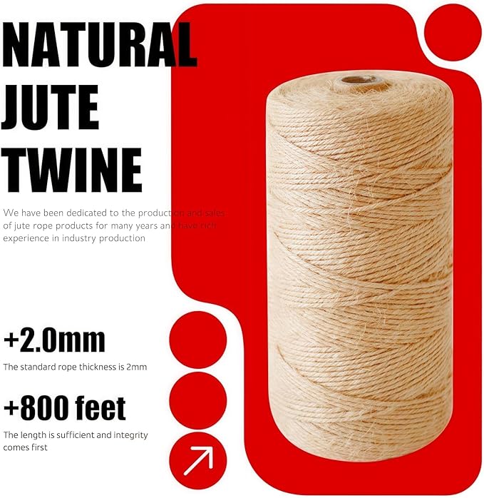 2MM Natural Jute Twine String — 800Ft Brown Durable Jute Rope, Used for Hand Crochet, Climbing Plant, Gardening Flowers, Home Decorations, Art Crafts Gift Packaging, Weddings, Christmas