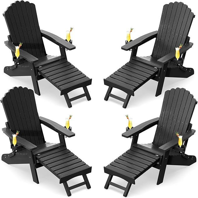 ZHUSI Folding Adirondack Chairs Set of 4 with Retractable Ottoman, Adjustable Adirondack Chair with 2 Cup Holders, Outdoor Chairs for Porch Patio Lawn Balcony Weather Resistant, Black