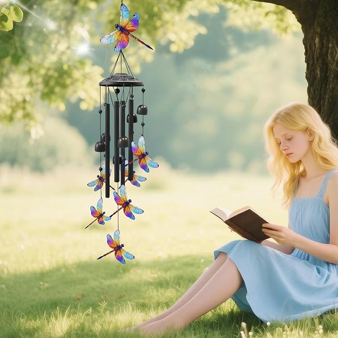 Dragonfly Wind Chimes for Outside, Black Metal Windchimes Outdoors, Dragonflies Gifts for Women/Men, Garden/Yard Decor, Memorial/Birthday Gifts for Grandma/Mom, Durable Chimes for Outdoors