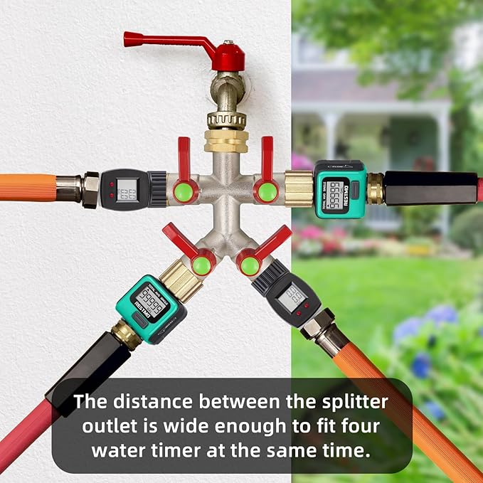 Hose Splitter 4 Way, High Flow Garden Hose Splitter, 3/4” Ght Inlet Brass Heavy Duty Hose Converter, Full Flow water 4 Way Faucet hose splitter, Long Handle Hose Valve Large Outlet.
