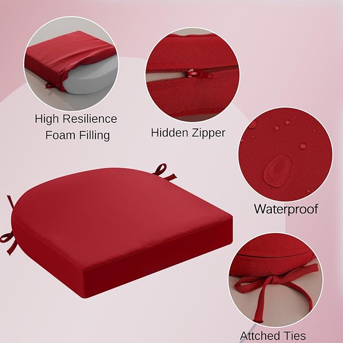 idee-home Outdoor Chair Cushions Set of 4, Thick 17" x 17" x 2" Outdoor Seat Cushions Patio Furniture Waterproof with Ties, Dining Pads