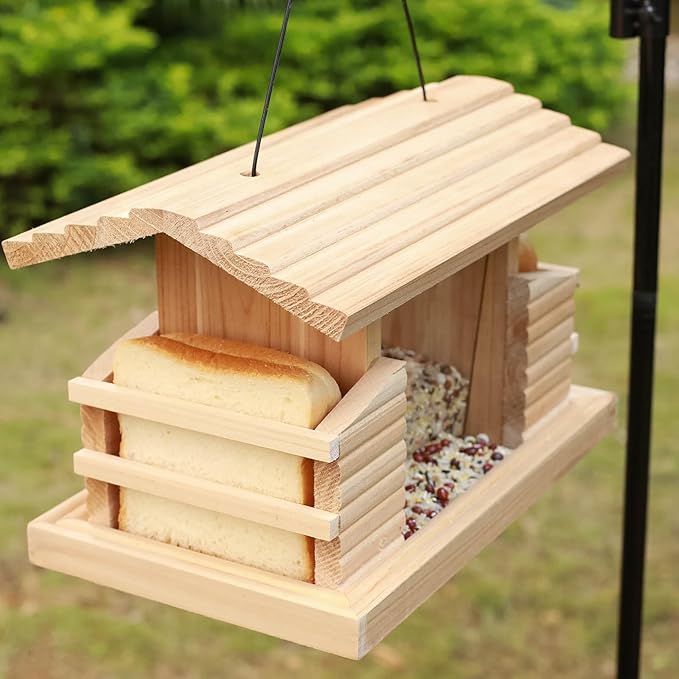 Double Suet Cake Bird Feeder, Wooden Hanging Platform with Windows, Outdoor Wild Bird Mealworm Feeder