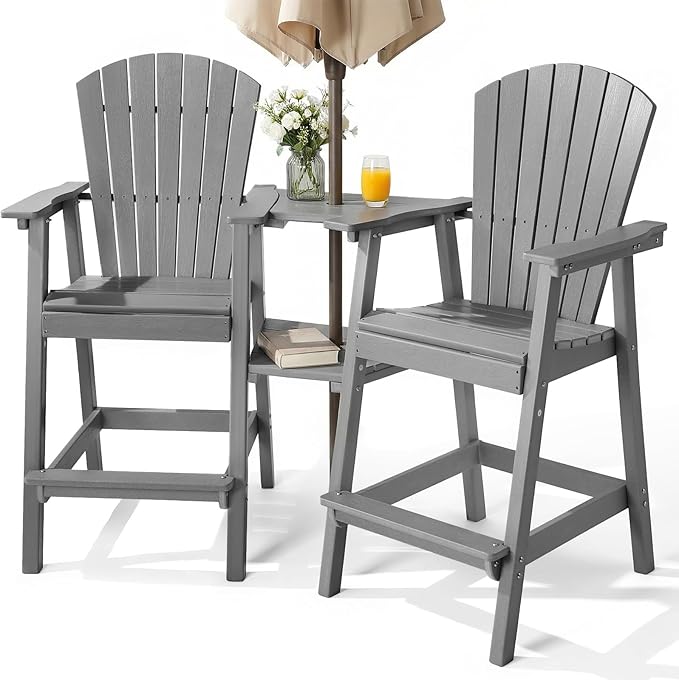 PASAMIC Tall Adirondack Chair Set of 2, All-Weather HDPE Outdoor Chairs with Removable Double Trays, Bar Height Adirondack Chairs for Balcony, Deck, Patio, Backyard, Light Gray