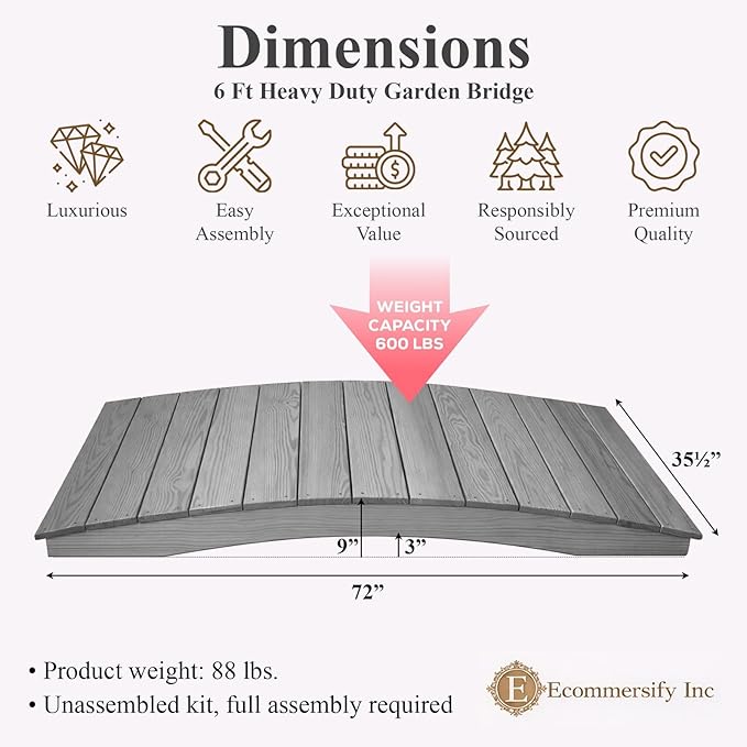 6 FT Grey Amish Made Pinewood Heavy Duty Garden Bridge for Walkway, Backyard Pond & Landscaping, Outdoor Wooden Footbridge for Koi Pond, Japanese Style Decorative Bridge, Made in USA