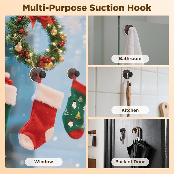 OUTXE Suction Cup Wreath Hanger, Heavy Duty Reef Hook for Front Door/Glass Window/Over Door/Outdoor, Christmas/Thanksgiving/Halloween/July 4th/Easter/Valentine/Fall/Summer/Spring (Walnut, 2-Pack)