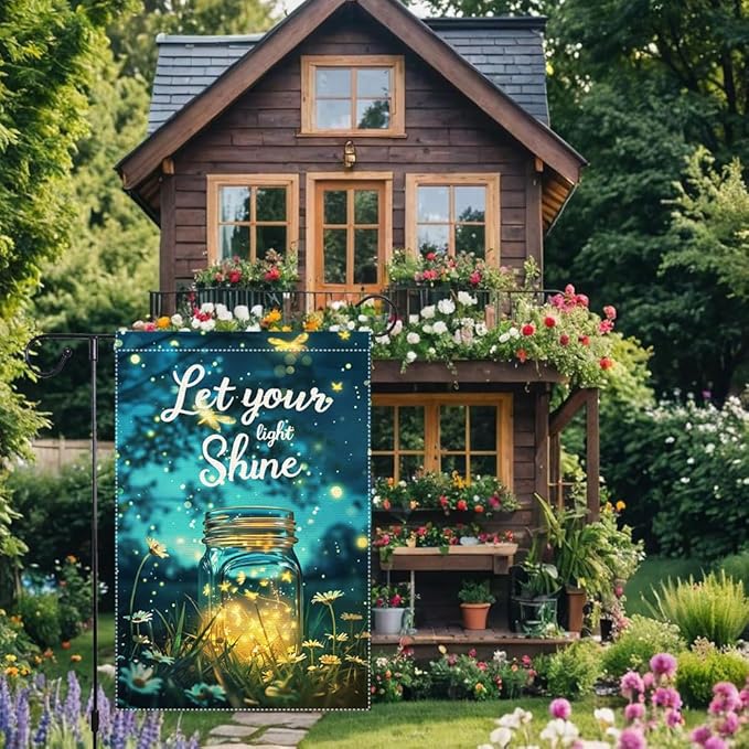 Let Your Light Shine Garden Flag 12x18 Inch Double Sided Small Burlap Summer Outdoor Yard Decor Fireflies Mason Jar Flowers Patio Lawn Porch Decorations