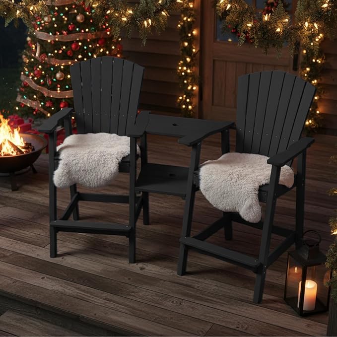 Tall Adirondack Chairs Set of 2, HDPE Outdoor Adirondack Chairs with Double Connecting Tray, Bar Height High Back Patio Chairs for Balcony, Deck, Backyard (Black, 2-PC Bar Chair Set)