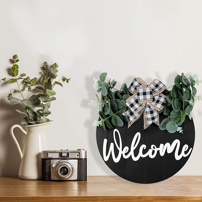 3D Front Door Welcome Wreath - Farmhouse Welcome Sign for Front Door - Vertical Concave Stripes Wooden Front Door Wreaths for Home Decor(Black) - Housewarming Gift