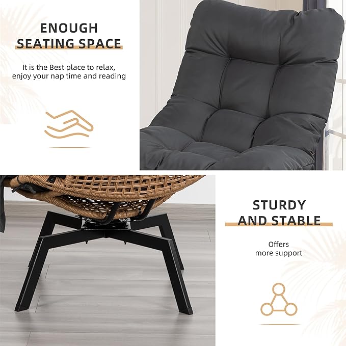 Vongrasig Swivel Wicker Chair PE Rattan Chair with Cushion, Oversized Patio Lounge Chair for Outdoor, Indoor, Balcony, Backyard, Garden, Living Room, Black