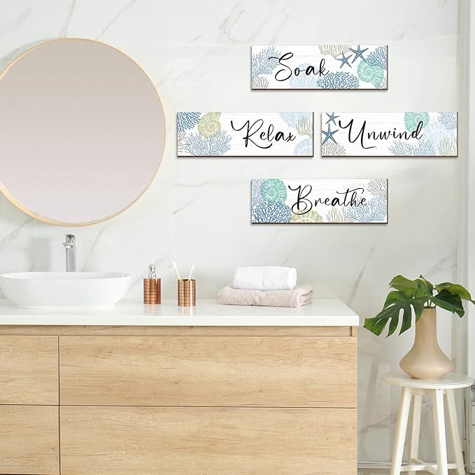 Pinkunn 4 Pcs 11 x 3.5 Inches Ocean Beach Bathroom Wall Decor Coastal Bathroom Decor Wood Relax Soak Unwind Breathe Wall Art Starfish Seashell Coral Nautical Art Rustic Farmhouse Wooden Signs