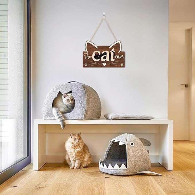 HLNIUC Funny Black Cat Door Sign(11”x7”),Cute Pat Welcome Wall Decor,The Cat Cave Hanging Decoration for Front Door,Housewarming Gift Wall Sign for Pat Lovers,Cats Welcome People Tolerated Plaque