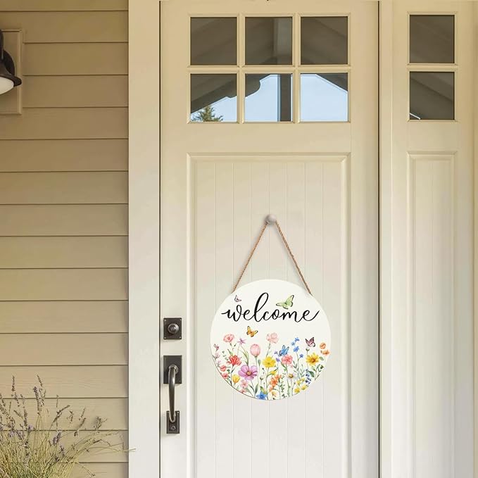 Spring Flowers Welcome Door Sign Colorful Floral Summer Door Hanger Home Decorations Spring Butterfly Wooden Hanging Sign Seasonal Farmhouse for Wall Porch 12x12 Inch