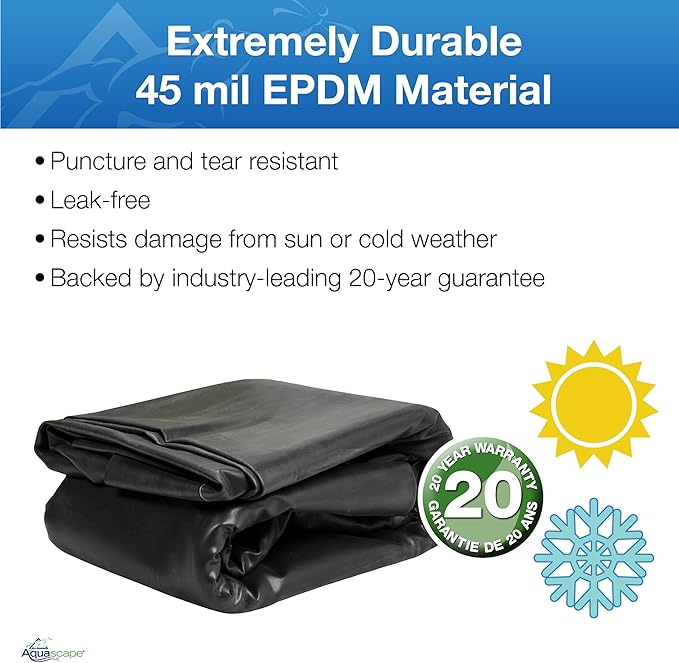 Aquascape PRO Grade 45 MIL EPDM Fish-Safe Pond Liner, 15 x 25 feet, 375 sq ft, Black