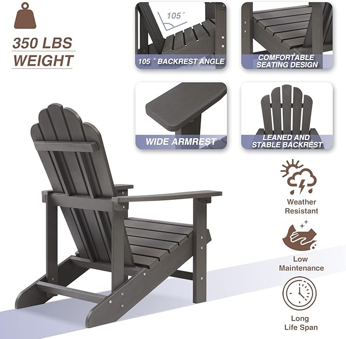 Adirondack Chairs Weather Resistant, Patio Firepit Chair, Sturdy Outside Chairs, Lawn Chairs, Easy Assembly 350lb, for Outdoor Patio Yard